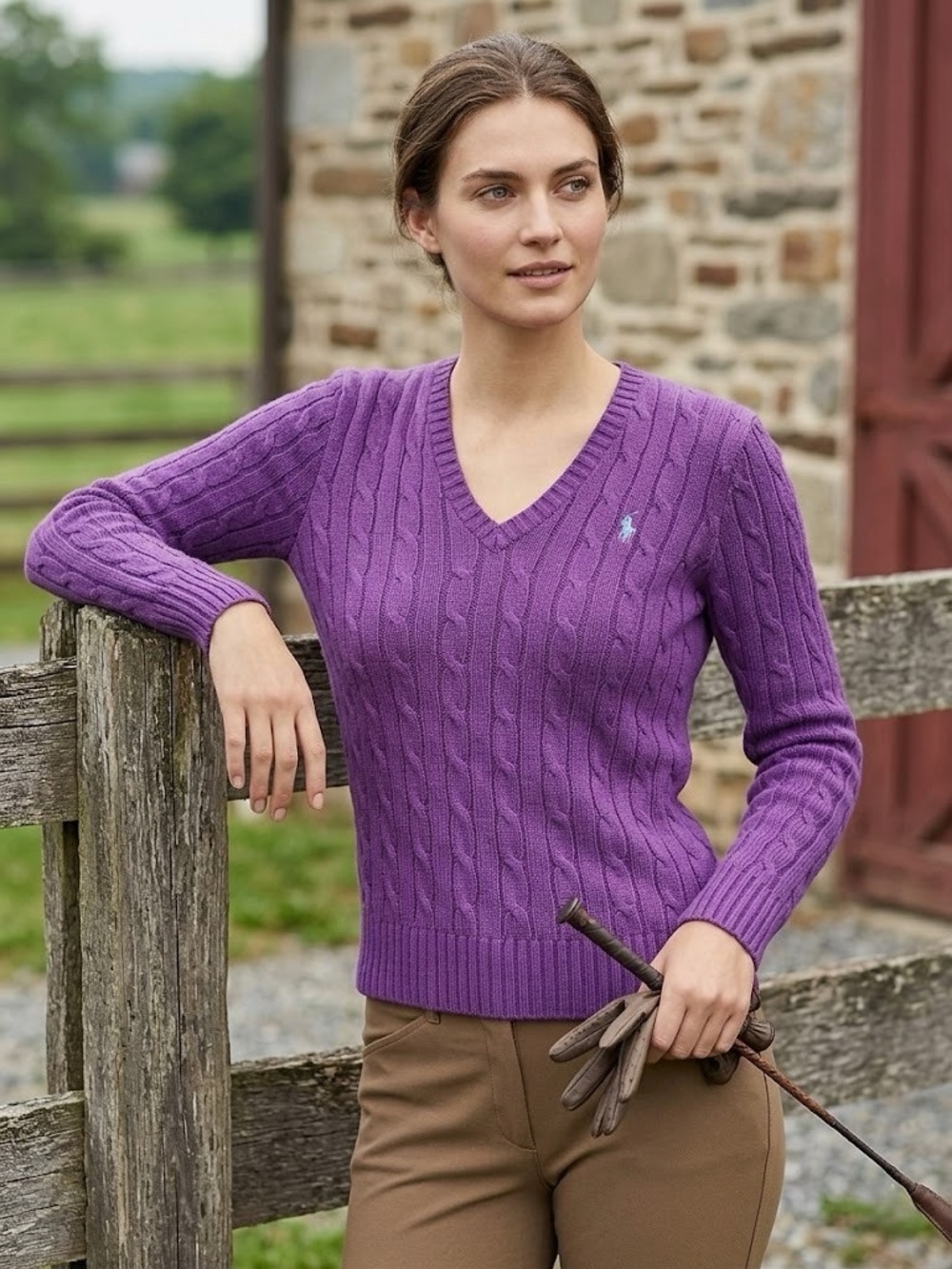 Vintage Ralph Lauren Sport Purple Cable Knit V Neck Pony Sweater 100% Cotton